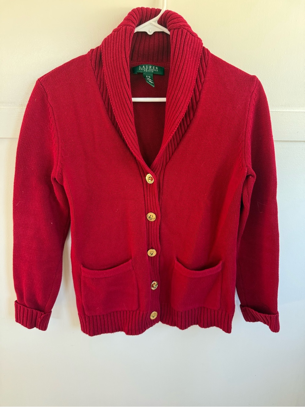 LRL Ralph Lauren Red Shawl Collar Sweater Petite Small Gold Logo Buttons